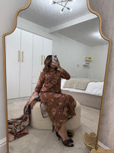 Load image into Gallery viewer, Brown floral lawn suit with lace details matching trouser and duppata