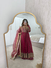 Load image into Gallery viewer, Gota work embroidered fuschia frock with jamawar lining with trouser and duppata