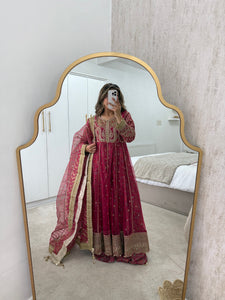 Gota work embroidered fuschia frock with jamawar lining with trouser and duppata