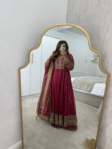 Gota work embroidered fuschia frock with jamawar lining with trouser and duppata
