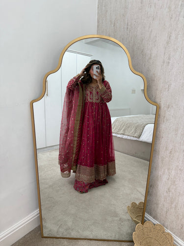 Gota work embroidered fuschia frock with jamawar lining with trouser and duppata
