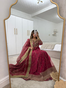 Gota work embroidered fuschia frock with jamawar lining with trouser and duppata