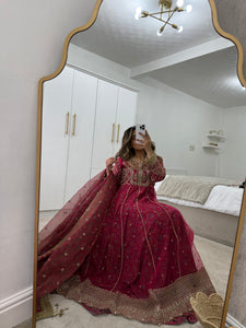 Gota work embroidered fuschia frock with jamawar lining with trouser and duppata