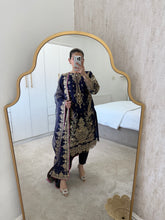 Load image into Gallery viewer, Navy Elegance - chiffon embroidered shirt and duppata with trouser.