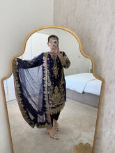 Load image into Gallery viewer, Navy Elegance - chiffon embroidered shirt and duppata with trouser.