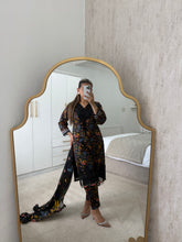 Load image into Gallery viewer, Maria B inspired embroidered lawn suit black floral with chiffon duppata