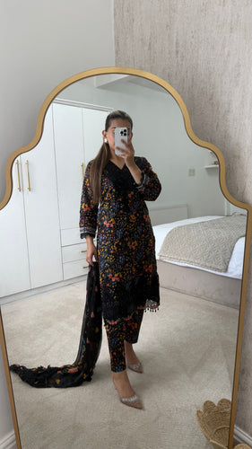 Maria B inspired embroidered lawn suit black floral with chiffon duppata