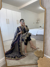 Load image into Gallery viewer, Navy Elegance - chiffon embroidered shirt and duppata with trouser.