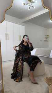 Maria B inspired embroidered lawn suit black floral with chiffon duppata