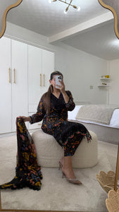 Maria B inspired embroidered lawn suit black floral with chiffon duppata