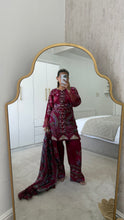 Load image into Gallery viewer, Maria B inspired embroidered lawn suit maroon floral with chiffon duppata