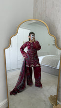 Load image into Gallery viewer, Maria B inspired embroidered lawn suit maroon floral with chiffon duppata