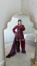 Load image into Gallery viewer, Maria B inspired embroidered lawn suit maroon floral with chiffon duppata