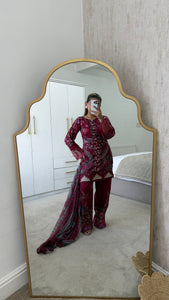 Maria B inspired embroidered lawn suit maroon floral with chiffon duppata