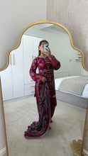 Load image into Gallery viewer, Maria B inspired embroidered lawn suit maroon floral with chiffon duppata