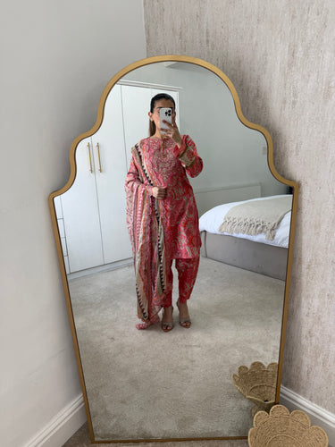 Maria B inspired coral suit with embroidery and lace detailing and chiffon duppata.