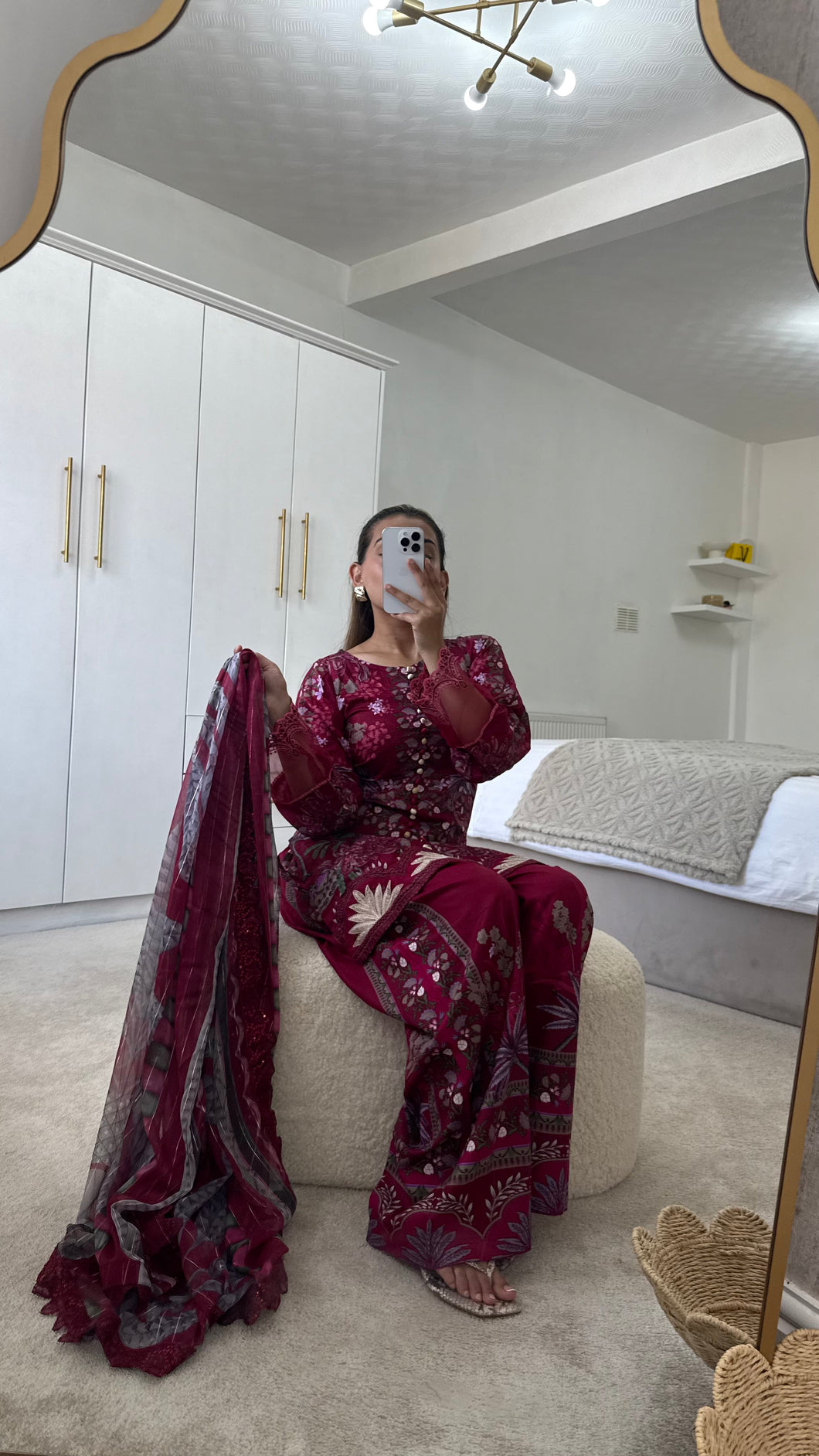 Maria B inspired embroidered lawn suit maroon floral with chiffon duppata