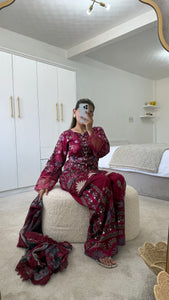 Maria B inspired embroidered lawn suit maroon floral with chiffon duppata