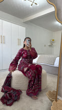 Load image into Gallery viewer, Maria B inspired embroidered lawn suit maroon floral with chiffon duppata