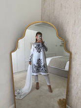 Load image into Gallery viewer, Maria B inspired embroidered lawn suit white on black with chiffon duppata