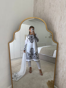 Maria B inspired embroidered lawn suit white on black with chiffon duppata
