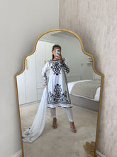 Load image into Gallery viewer, Maria B inspired embroidered lawn suit white on black with chiffon duppata