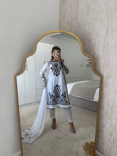 Load image into Gallery viewer, Maria B inspired embroidered lawn suit white on black with chiffon duppata