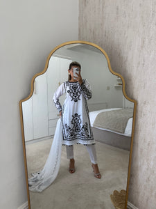 Maria B inspired embroidered lawn suit white on black with chiffon duppata
