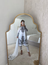 Load image into Gallery viewer, Maria B inspired embroidered lawn suit white on black with chiffon duppata