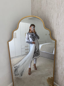 Maria B inspired embroidered lawn suit white on black with chiffon duppata