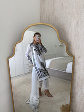 Load image into Gallery viewer, Maria B inspired embroidered lawn suit white on black with chiffon duppata