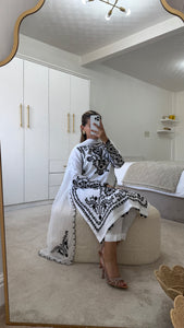 Maria B inspired embroidered lawn suit white on black with chiffon duppata