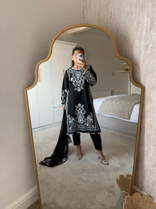 Maria B inspired embroidered lawn suit white on black with chiffon duppata