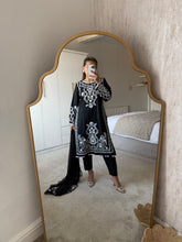 Load image into Gallery viewer, Maria B inspired embroidered lawn suit white on black with chiffon duppata