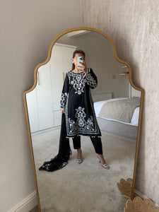 Maria B inspired embroidered lawn suit white on black with chiffon duppata