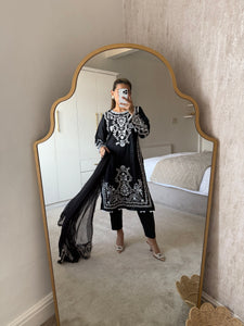 Maria B inspired embroidered lawn suit white on black with chiffon duppata
