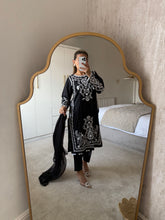 Load image into Gallery viewer, Maria B inspired embroidered lawn suit white on black with chiffon duppata