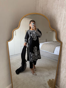 Maria B inspired embroidered lawn suit white on black with chiffon duppata