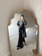 Load image into Gallery viewer, Maria B inspired embroidered lawn suit white on black with chiffon duppata