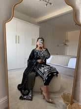 Load image into Gallery viewer, Maria B inspired embroidered lawn suit white on black with chiffon duppata