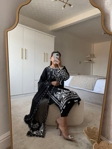 Maria B inspired embroidered lawn suit white on black with chiffon duppata