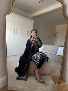 Maria B inspired embroidered lawn suit white on black with chiffon duppata