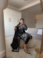 Load image into Gallery viewer, Maria B inspired embroidered lawn suit white on black with chiffon duppata