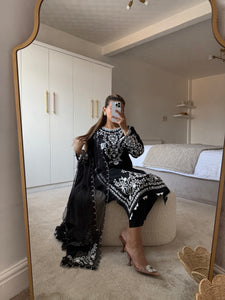 Maria B inspired embroidered lawn suit white on black with chiffon duppata