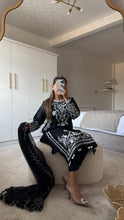 Load image into Gallery viewer, Maria B inspired embroidered lawn suit white on black with chiffon duppata