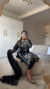Maria B inspired embroidered lawn suit white on black with chiffon duppata