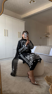 Maria B inspired embroidered lawn suit white on black with chiffon duppata