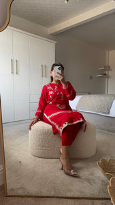 Red embroidered 2 piece coord with shirt and trouser.