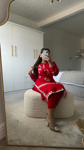 Red embroidered 2 piece coord with shirt and trouser.