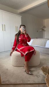 Red embroidered 2 piece coord with shirt and trouser.